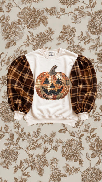 Patchwork Pumpkin Plaid Crewneck Puff