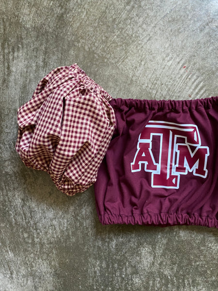 Texas A&M Maroon Gingham Puff (Comes in off Shoulder or T-Shirt Puff)