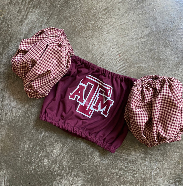 Texas A&M Maroon Gingham Puff (Comes in off Shoulder or T-Shirt Puff)