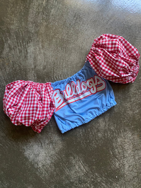 "Bulldogs" Baby Blue/ Red Gingham Puff (Comes in off Shoulder or T-Shirt Puff)