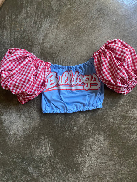 "Bulldogs" Baby Blue/ Red Gingham Puff (Comes in off Shoulder or T-Shirt Puff)